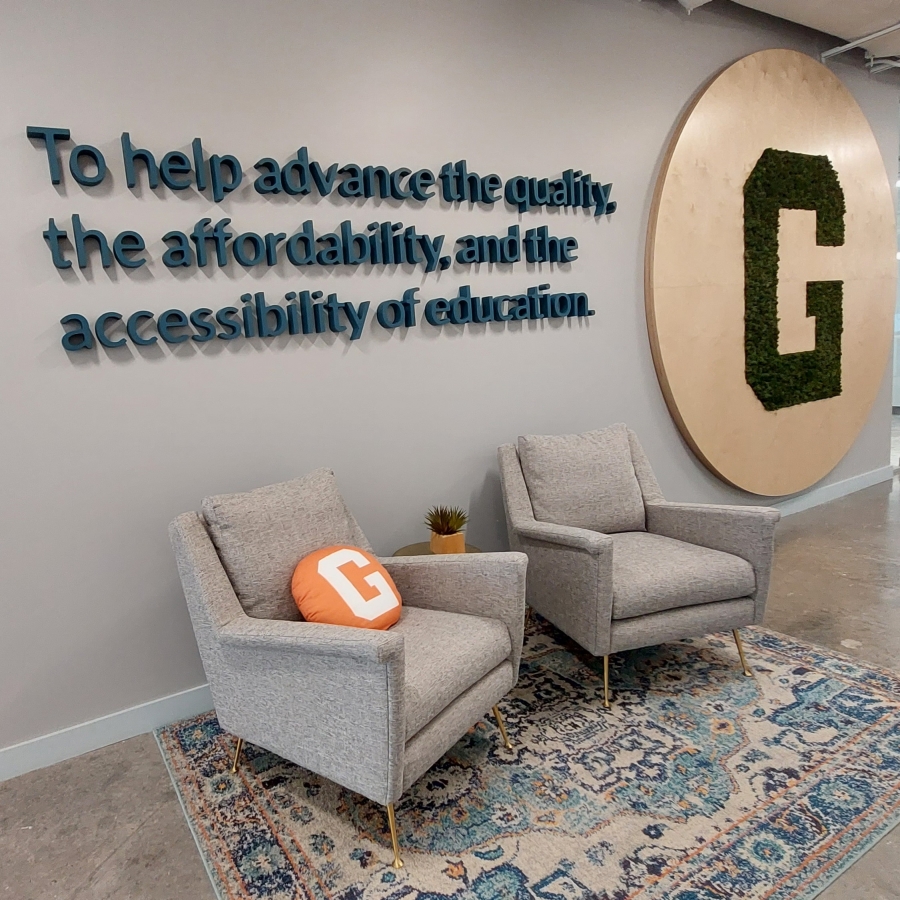 Lobby of GiveCampus headquarters prominently displays our mission statement.