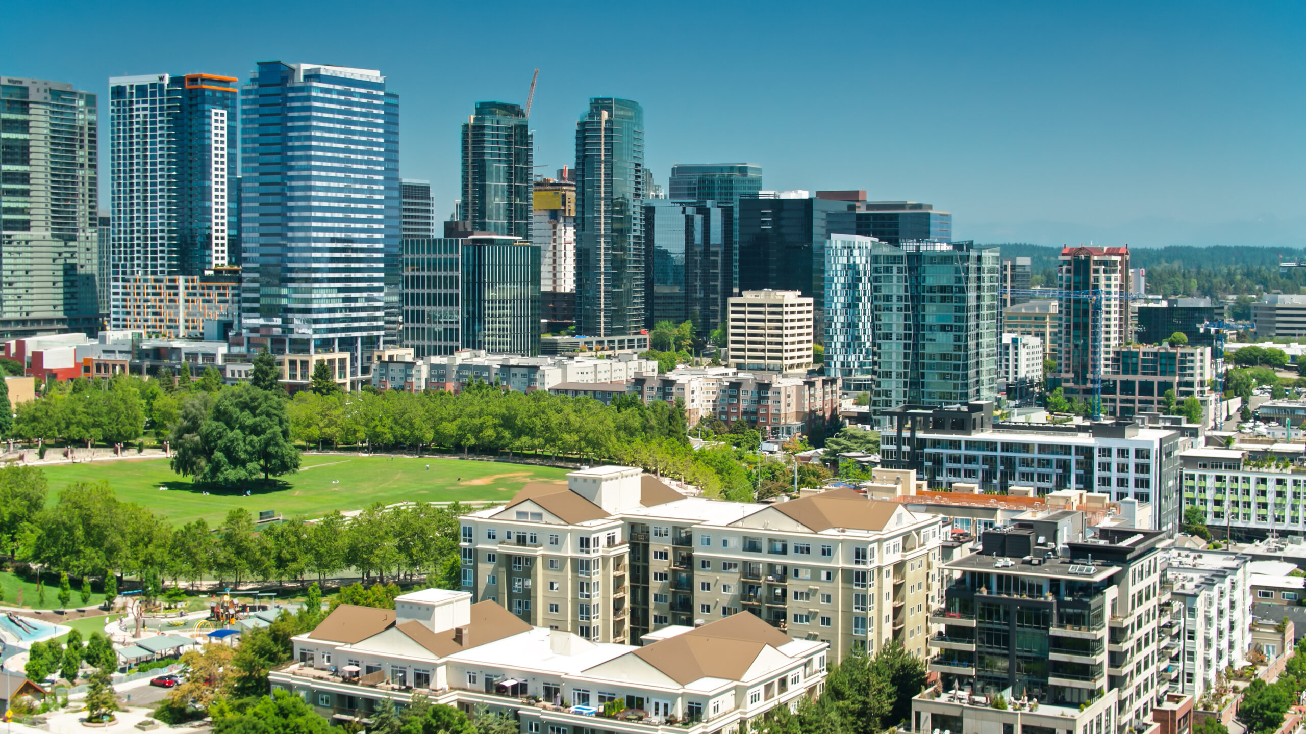 A park and buildings in downtown Bellevue, Washington