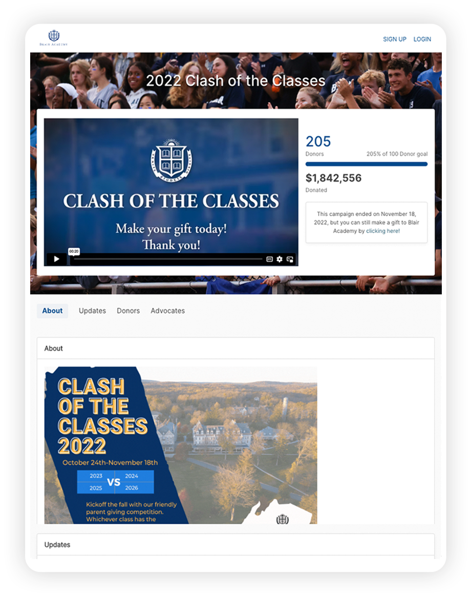 Blair Academy Clash of the Classes campaign page.