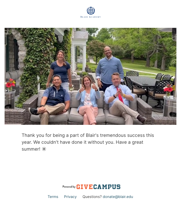 Branded video featuring faculty from Blair Academy thanking donors for their support.