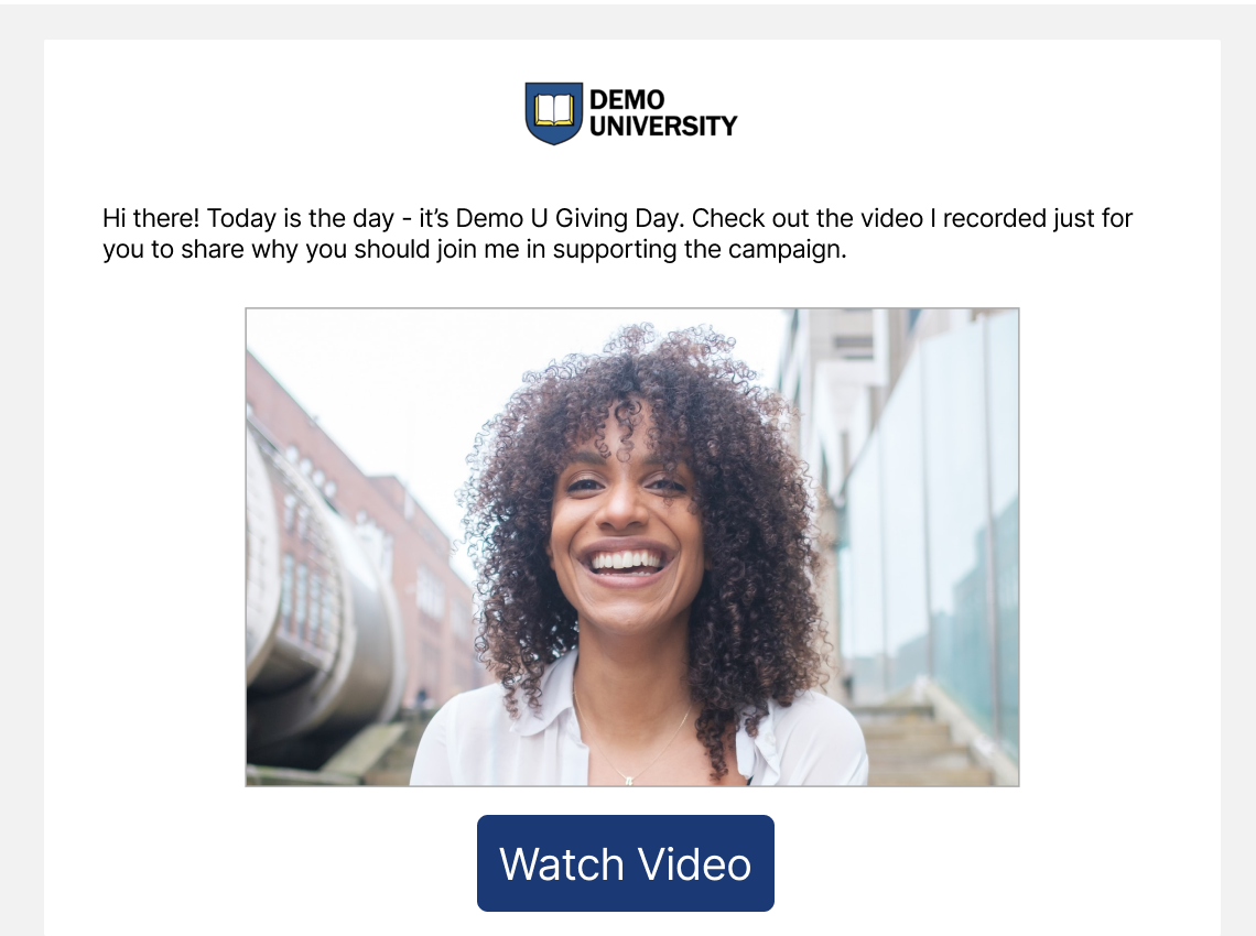 Sample branded email featuring an image of a smiling woman and containing a link to watch her personalized video.