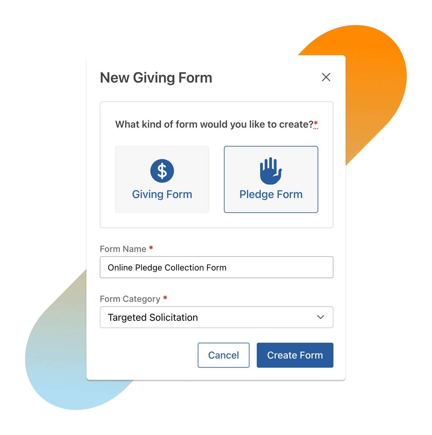 Create a Pledge form button selected on UI