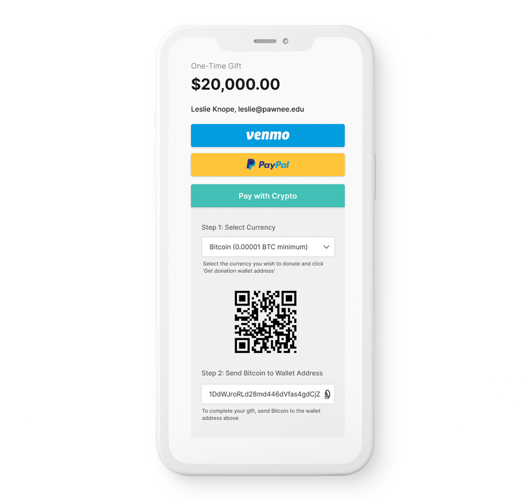 Mobile interface displaying a one-time gift of $20,000 being made using Bitcoin.