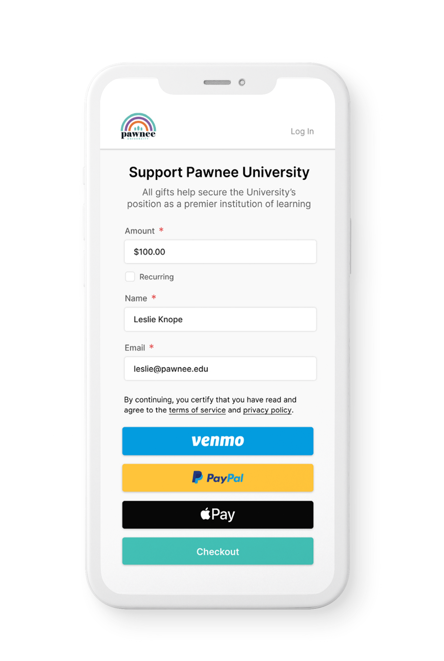 Giving form displayed on a mobile phone with prominent Venmo, PayPal, and ApplePay buttons.