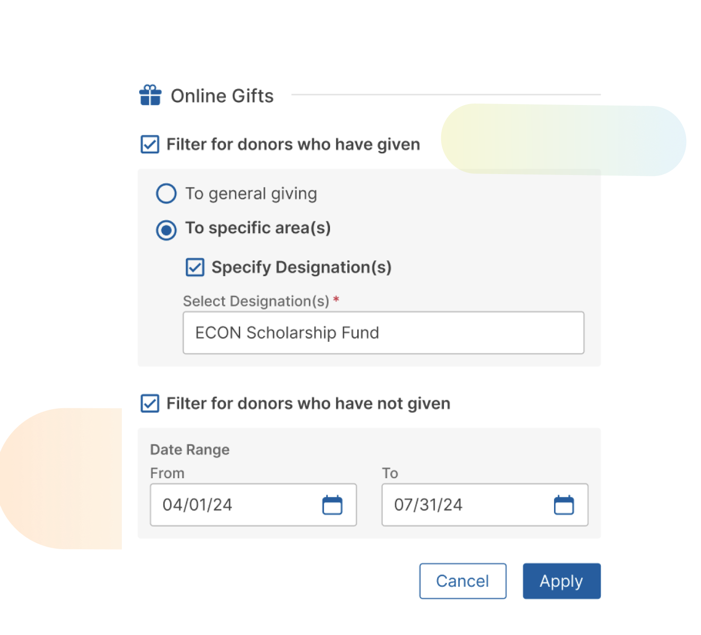 GC Outreach user interface displaying donor filtering options.