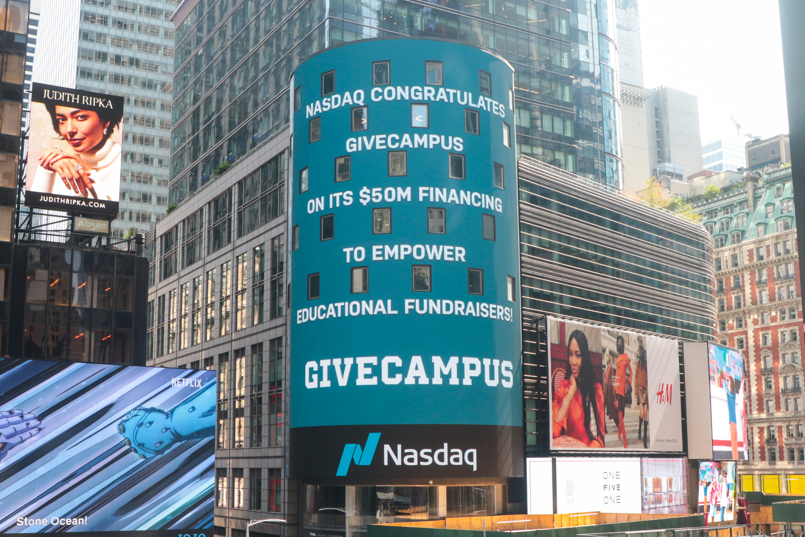 Nasdaq tower in Times Square displaying the message, 