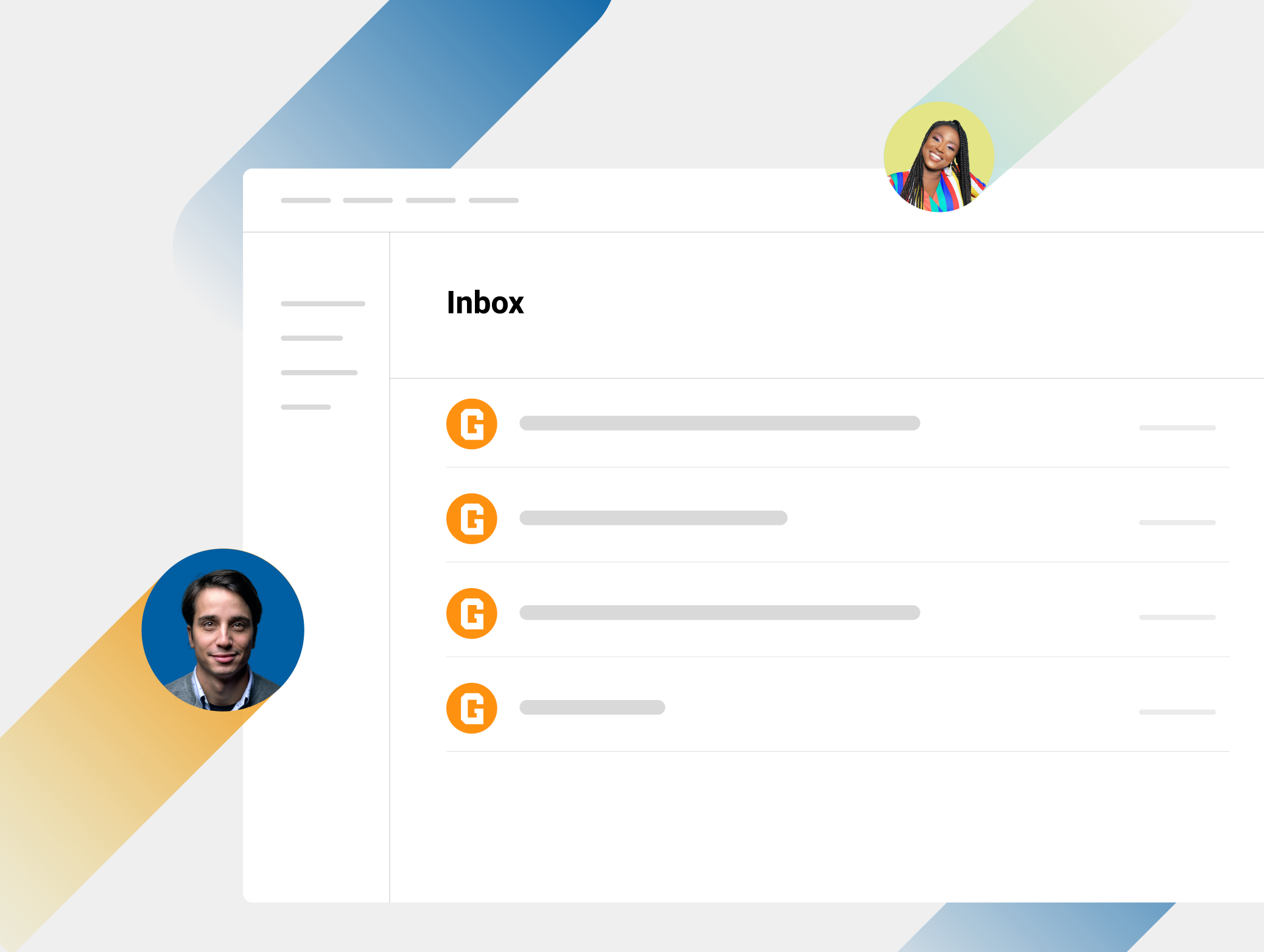 Representation of email inbox with two inset pictures of people: one is a support person and the other is customer.
