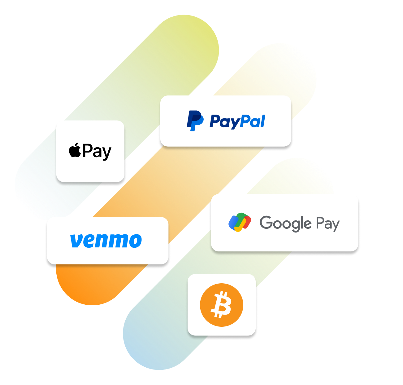 Logos for PayPal, Venmo, Apple Pay, Google Pay, and Bitcoin.