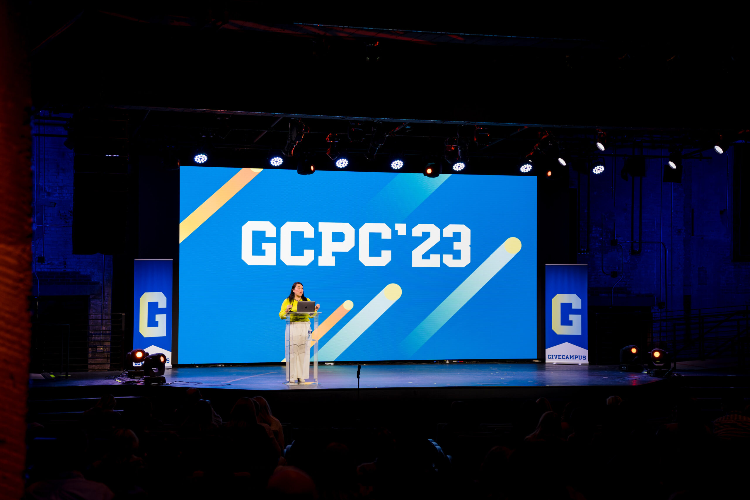 Felicity Meu addressing audience at GiveCampus Partner Conference in Washington, DC, January 2023.