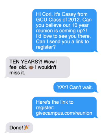 Fundraising text message example showing a volunteer messaging a fellow classmate about a reunion.