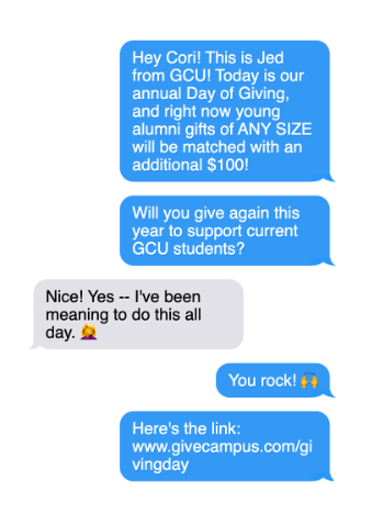 Fundraising text message example to young alumni LYBUNT segment.