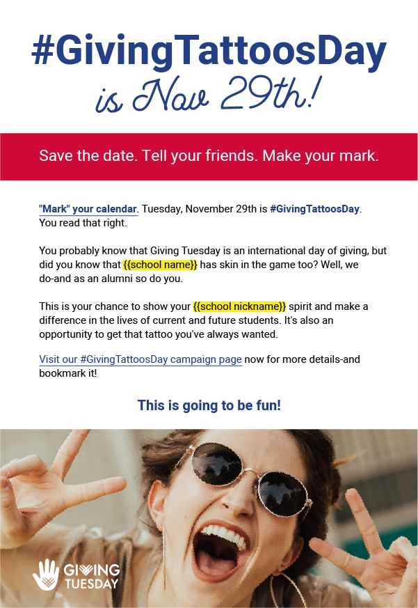 Sample launch email template for a GivingTattoosDay campaign.