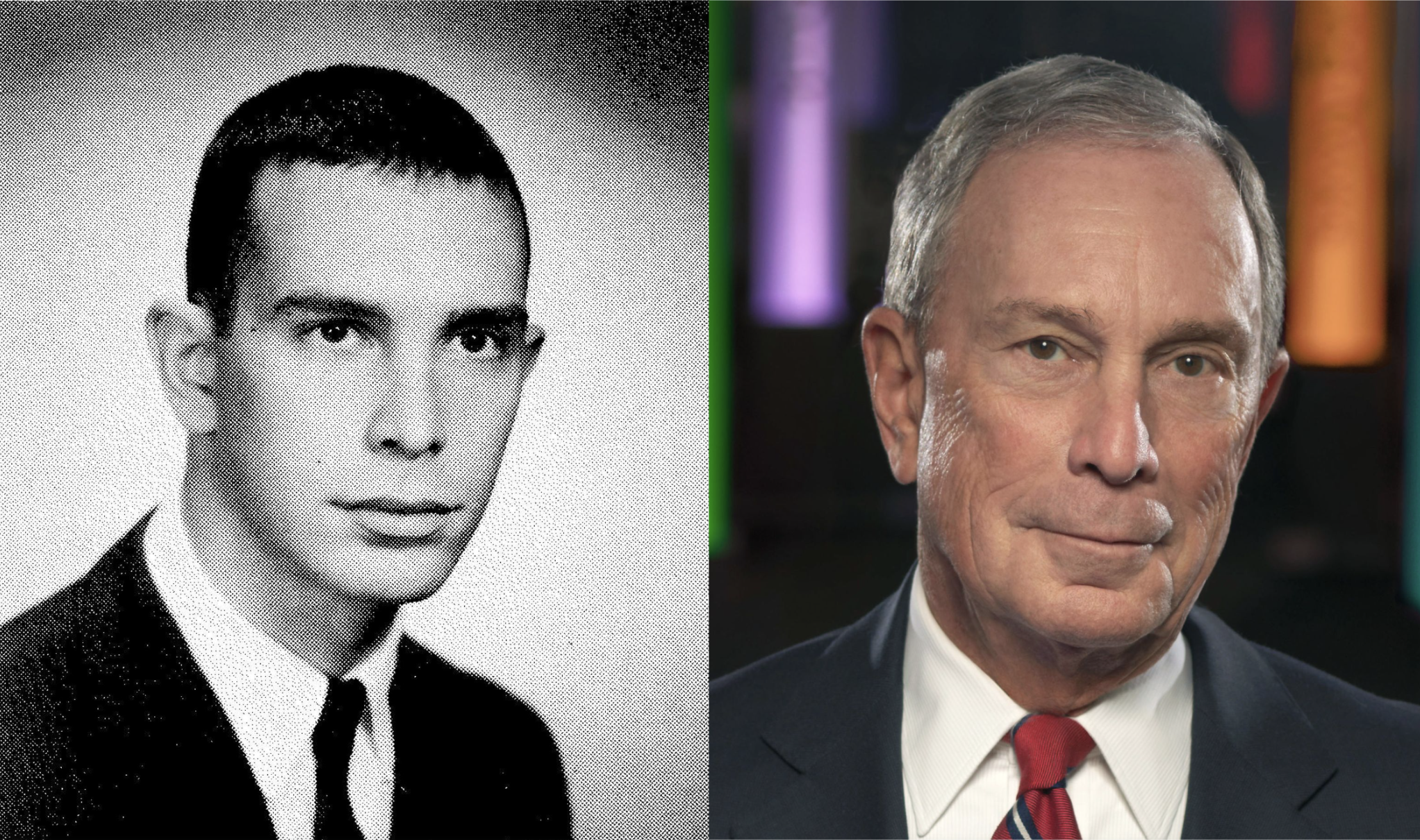 Side-by-side images of Michael Bloomberg: (left) from the 1964 edition of the Hullabaloo yearbook produced by Johns Hopkins University and (right) a recent headshot from Bloomberg Philanthropies.