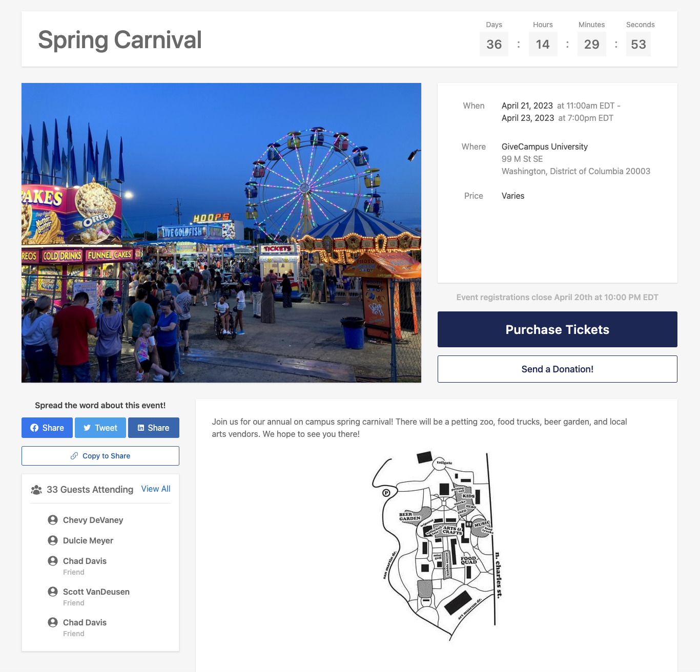 Screen capture showing GC Events ticketing and registration interface for a spring carnival event.