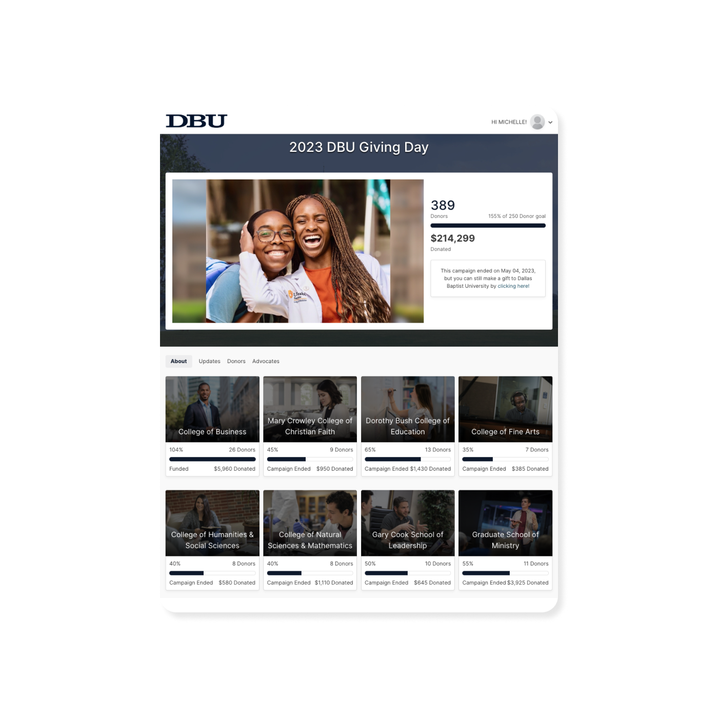 Dallas Baptist University 2023 Giving Day Campaign page.
