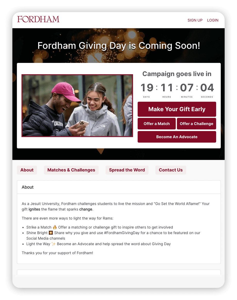 Fordham Giving Day online campaign page.