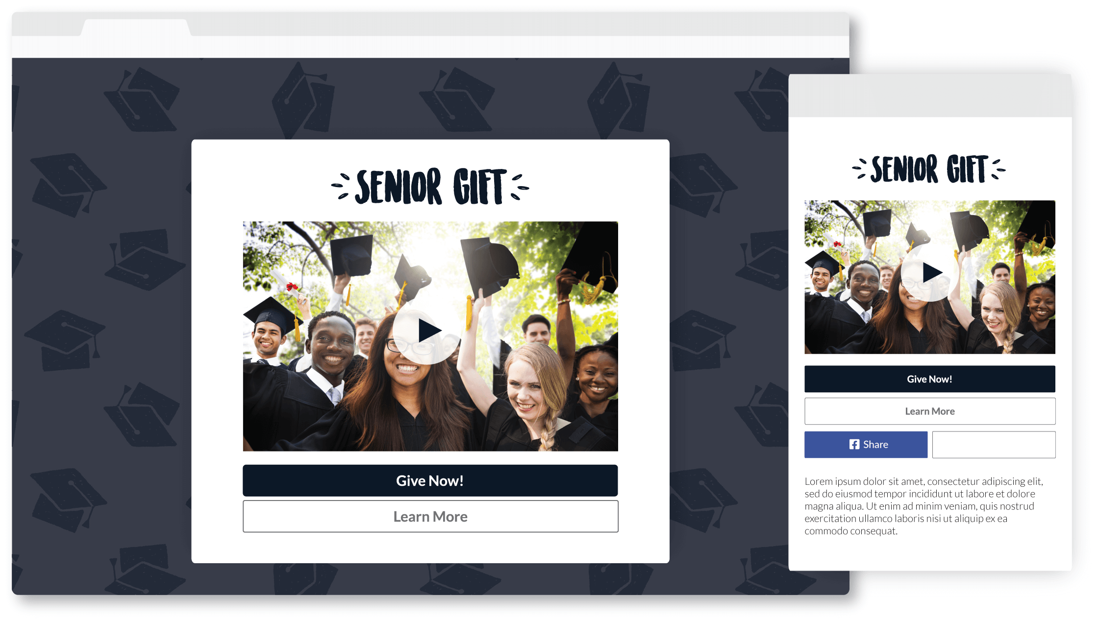 Senior Gift campaign landing page featuring video with Give Now, Learn More, and social share buttons.