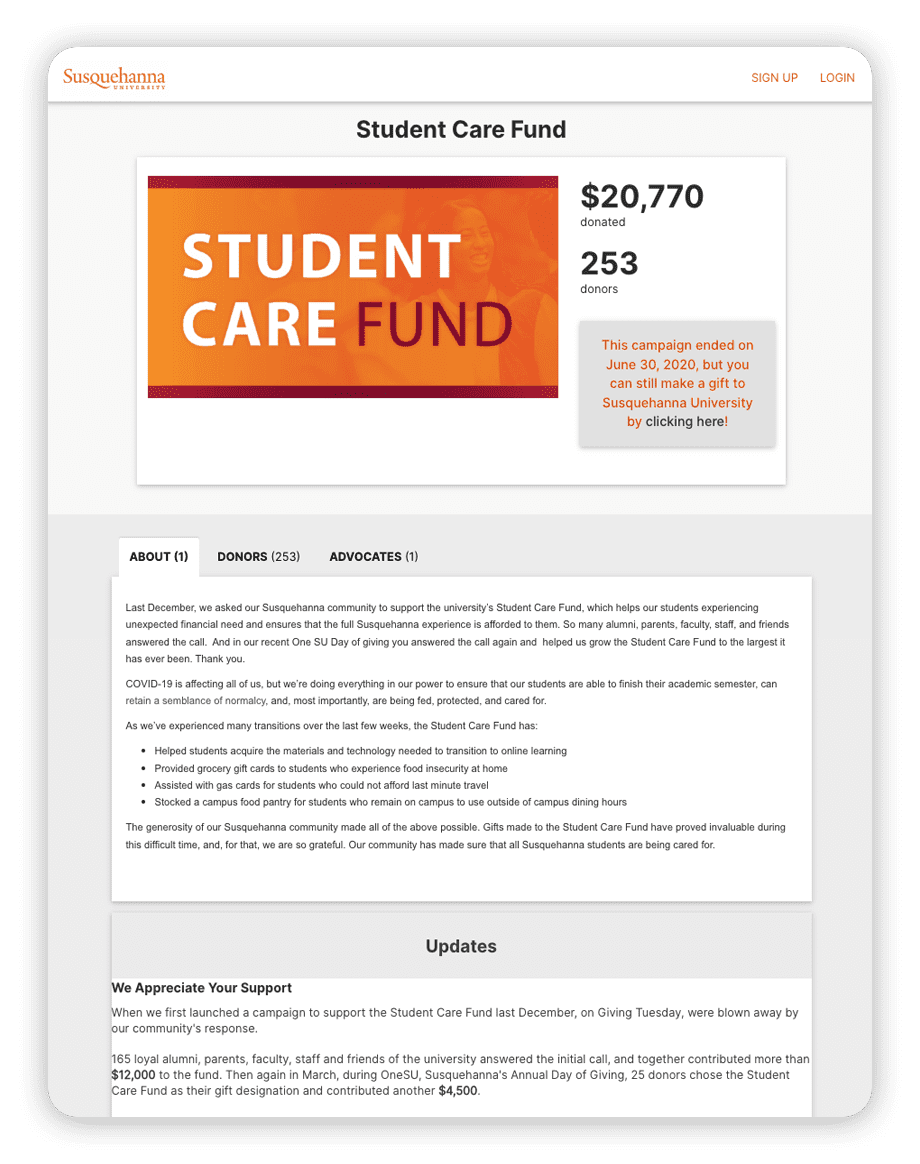 Susquehanna University's Student Care Fund campaign page.