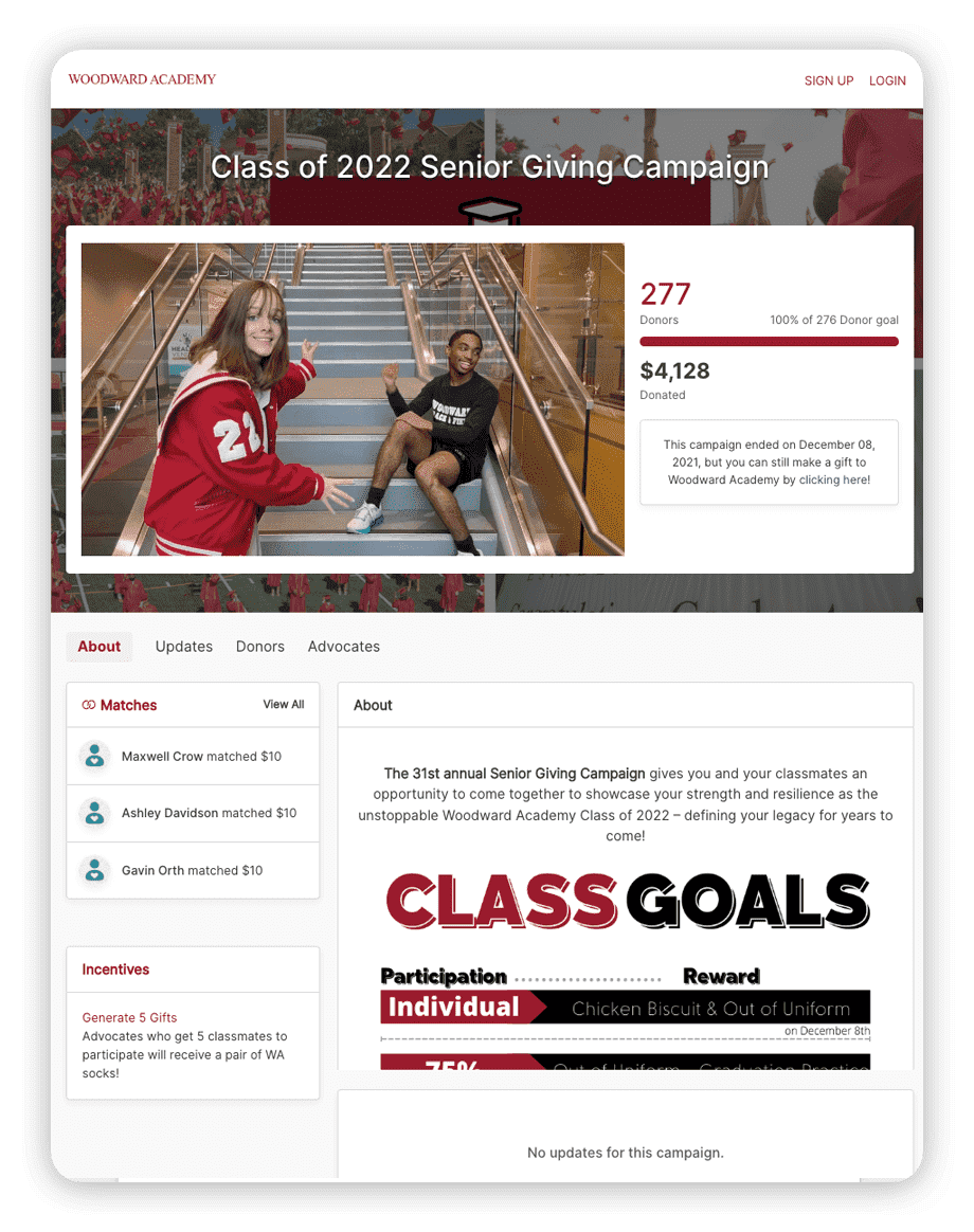 Campaign page for Woodward Academy's annual senior giving appeal.