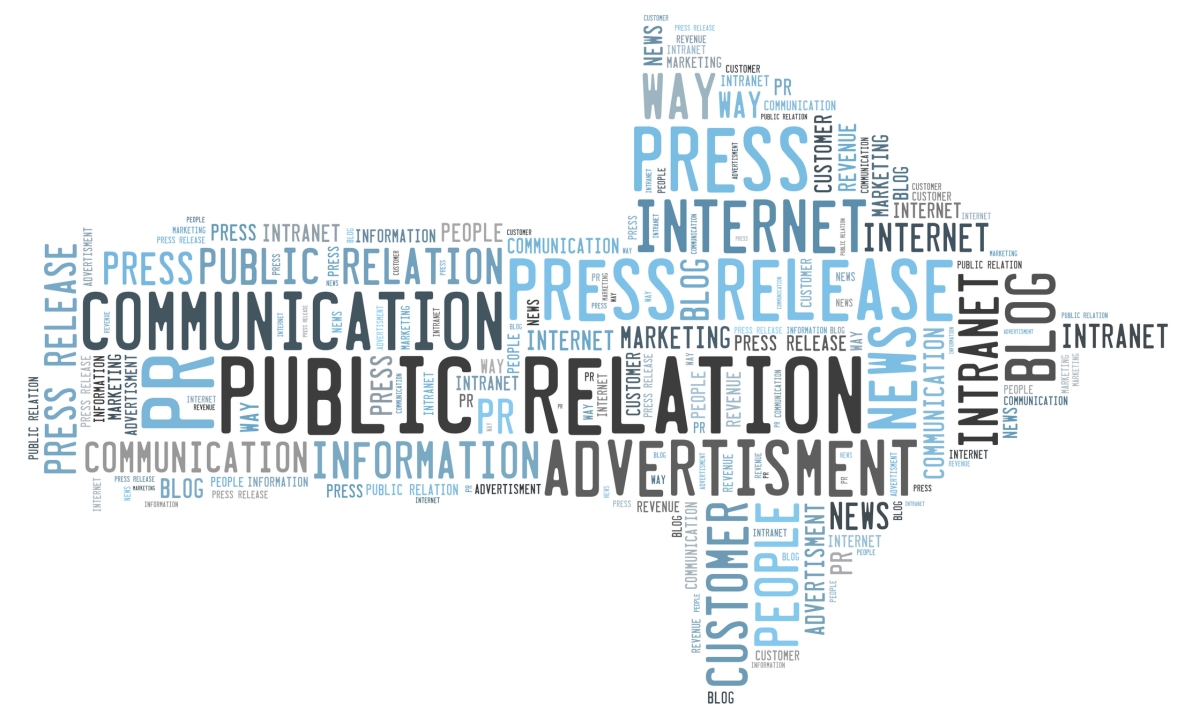 Word cloud in the shape of an arrow featuring the words Press Release, Communication, Information, and more.