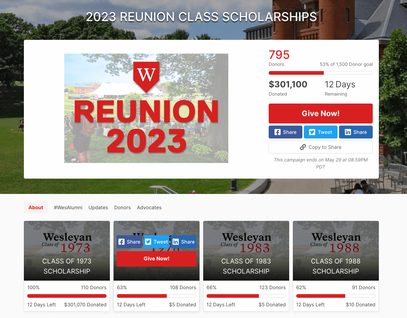 Online reunion fundraising campaign for 2023 at Wesleyan University