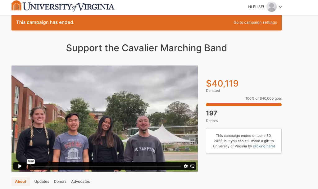 Campaign video for the University of Virginia's Band giving campaign