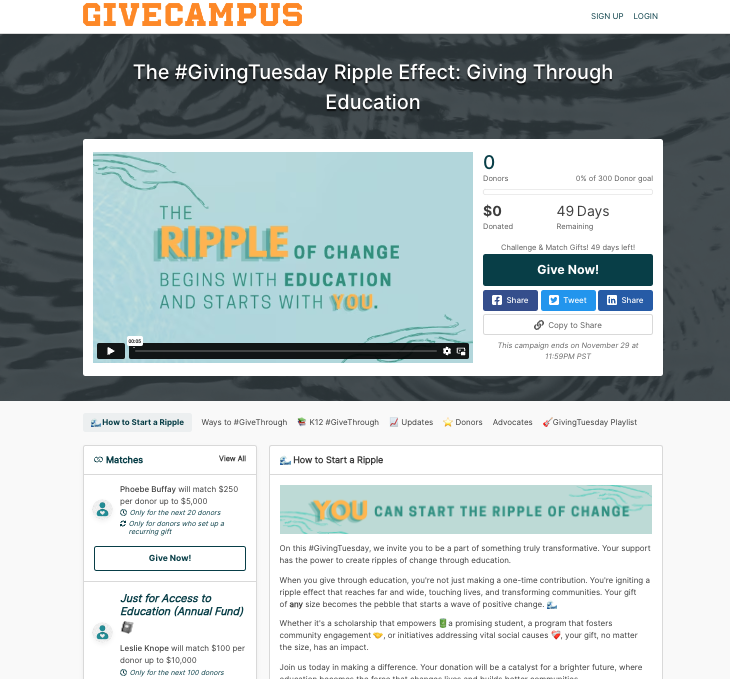 Campaign page for GivingTuesday Ripple of Change campaign