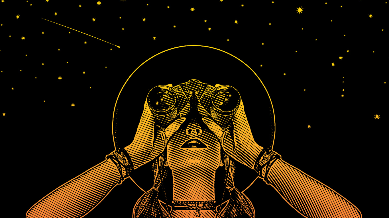 Woman looking at night sky with binnacualrs