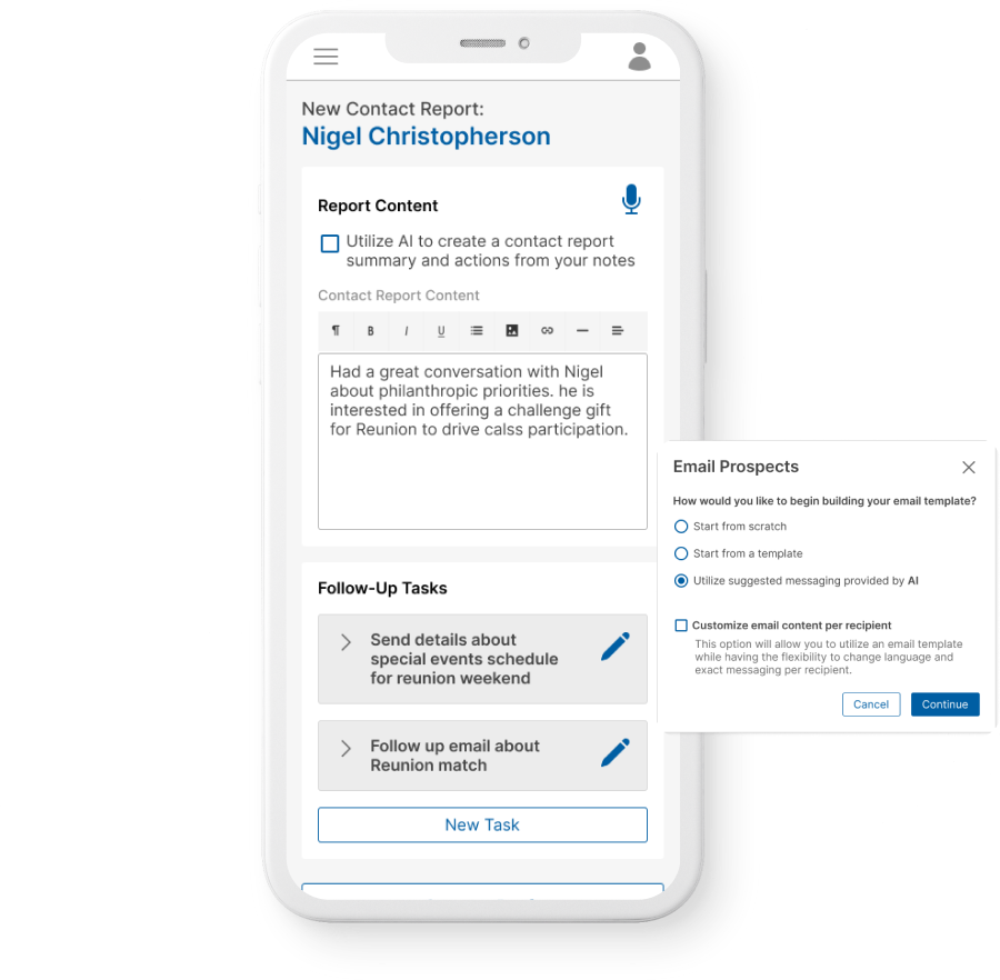 Mobile phone displaying GC Gift Officer user interface. Includes a contact report, follow-up tasks, and an inset Email Prospects screen.