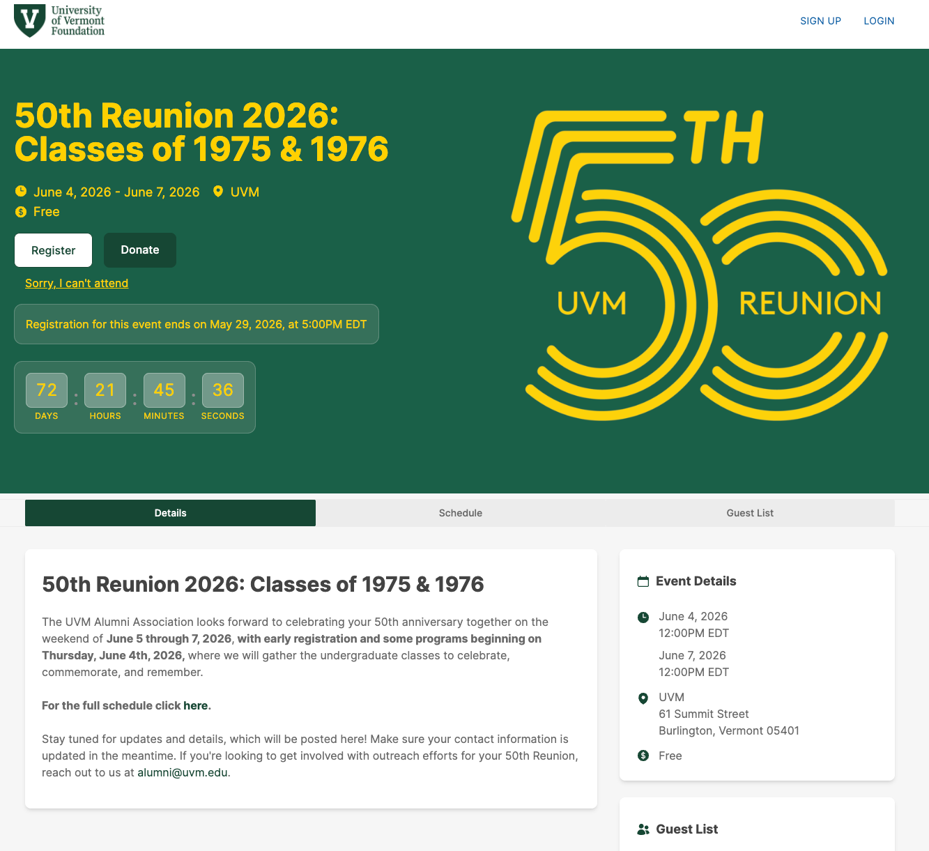 University of Vermont 50th Reunion on GC Events