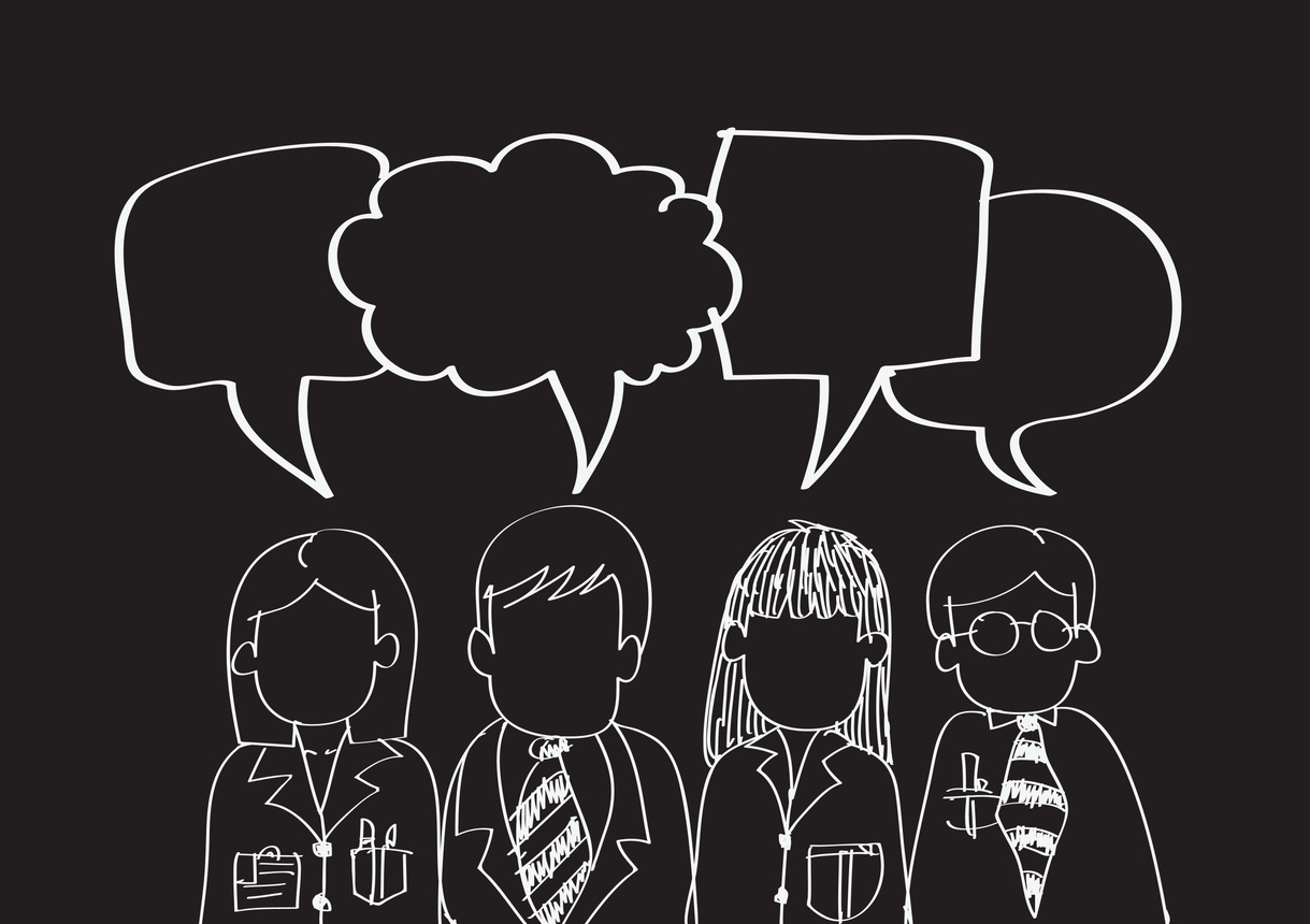 people with colorful dialog speech bubbles