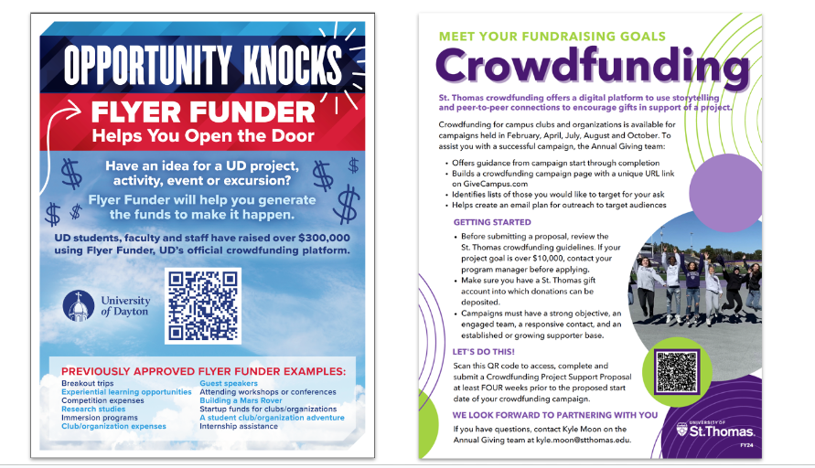 Crowdfunding campaign flyers from University of Dayton and University of St. Thomas