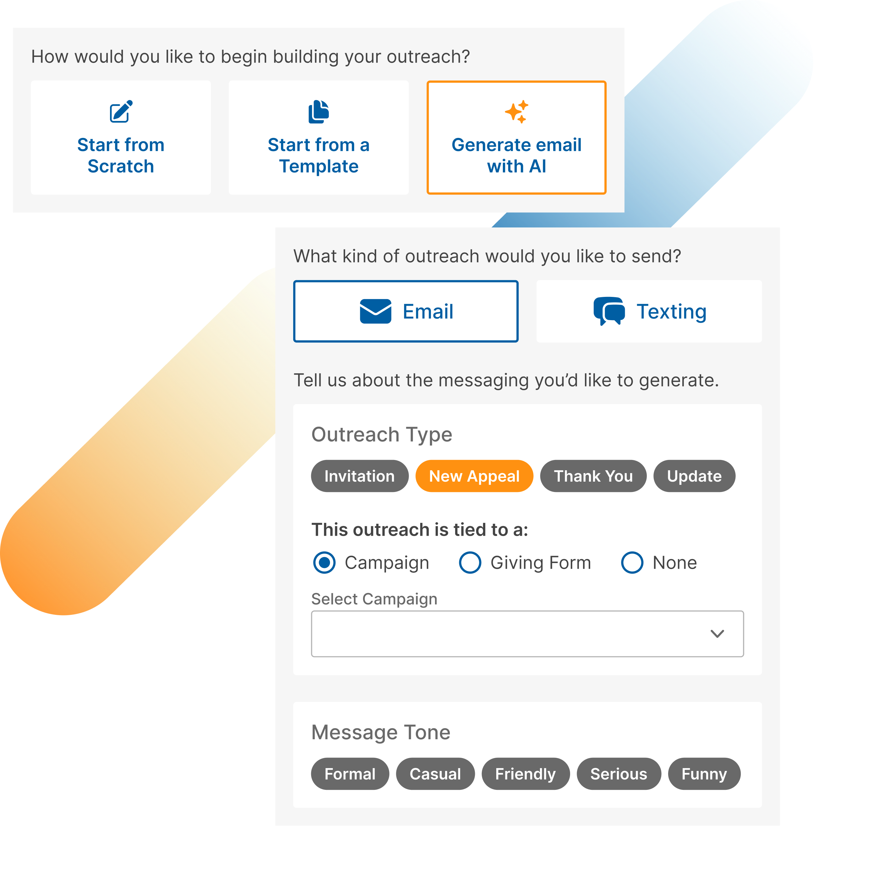 GC Outreach user interface displaying how to generate an email wiusing AI.