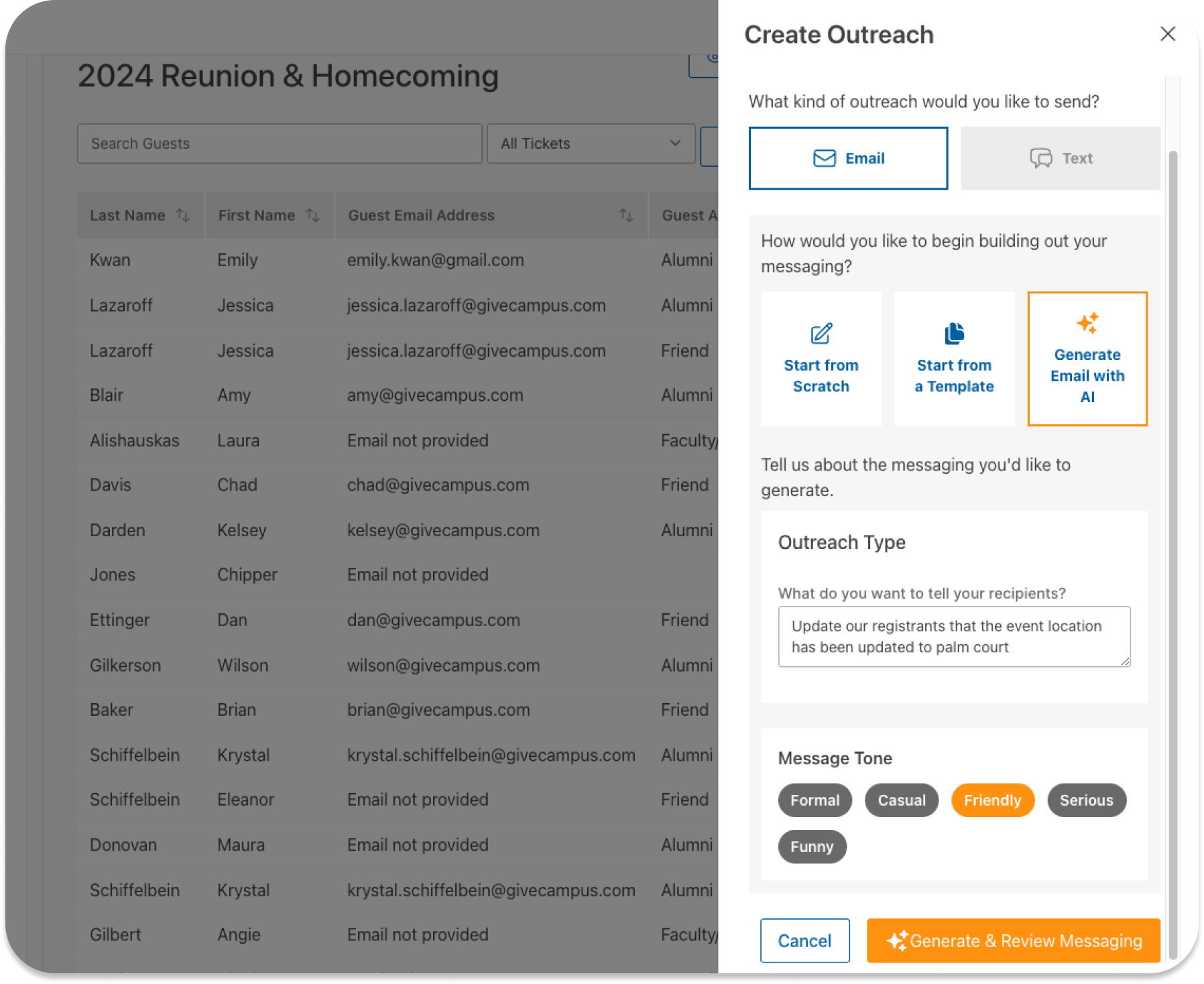 User interface displaying generate outreach capability