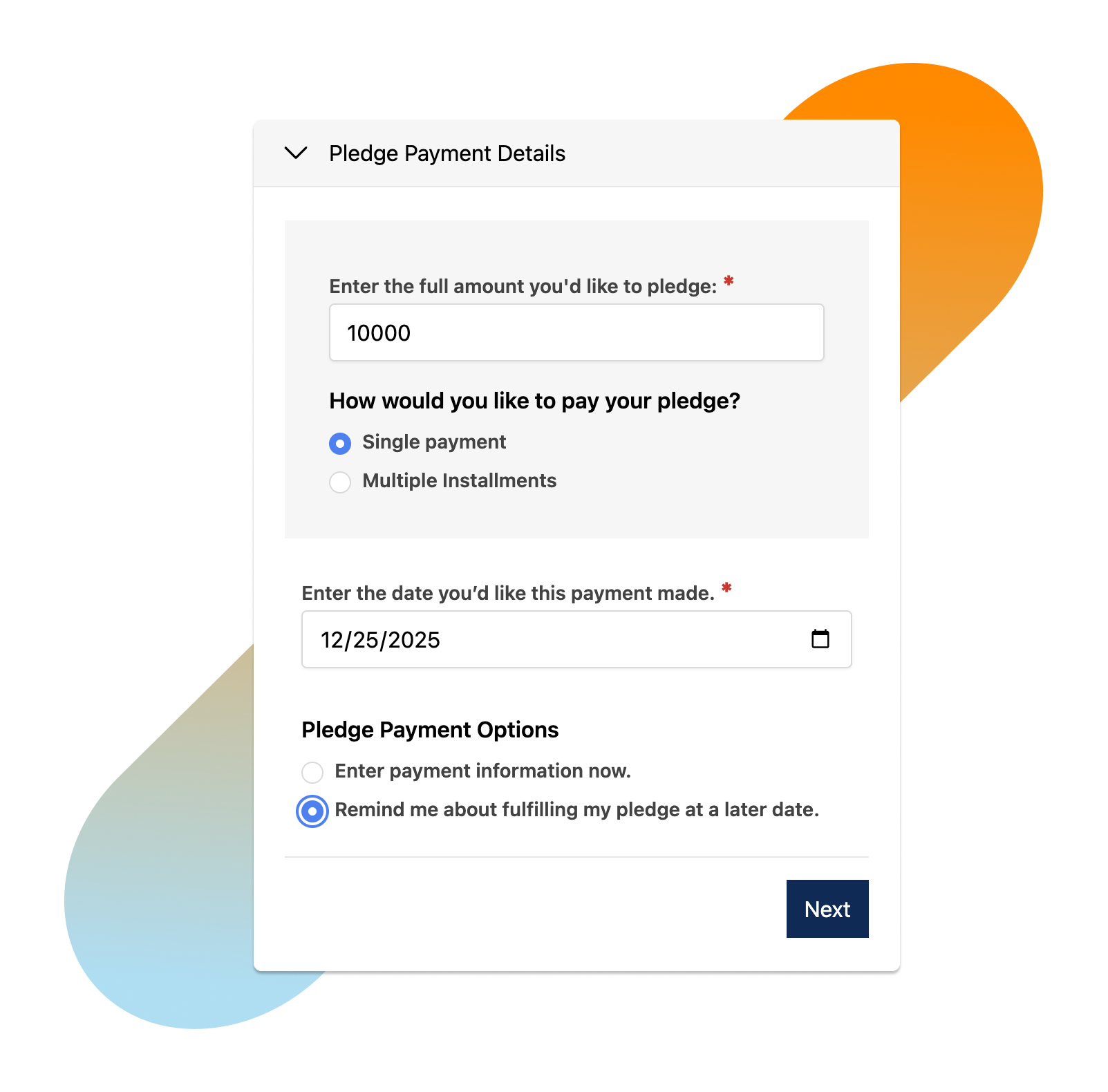 User Interface displaying Pledge Payment Details including amount, installments, and payment options.