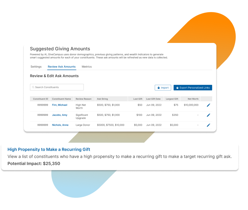 Suggested giving amounts user interface screen