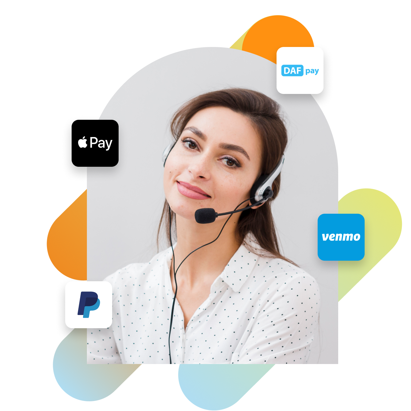 Support person wearing headset surrounded by payment processing options including DAFpay Apple Pay, PayPal, and Venmo.