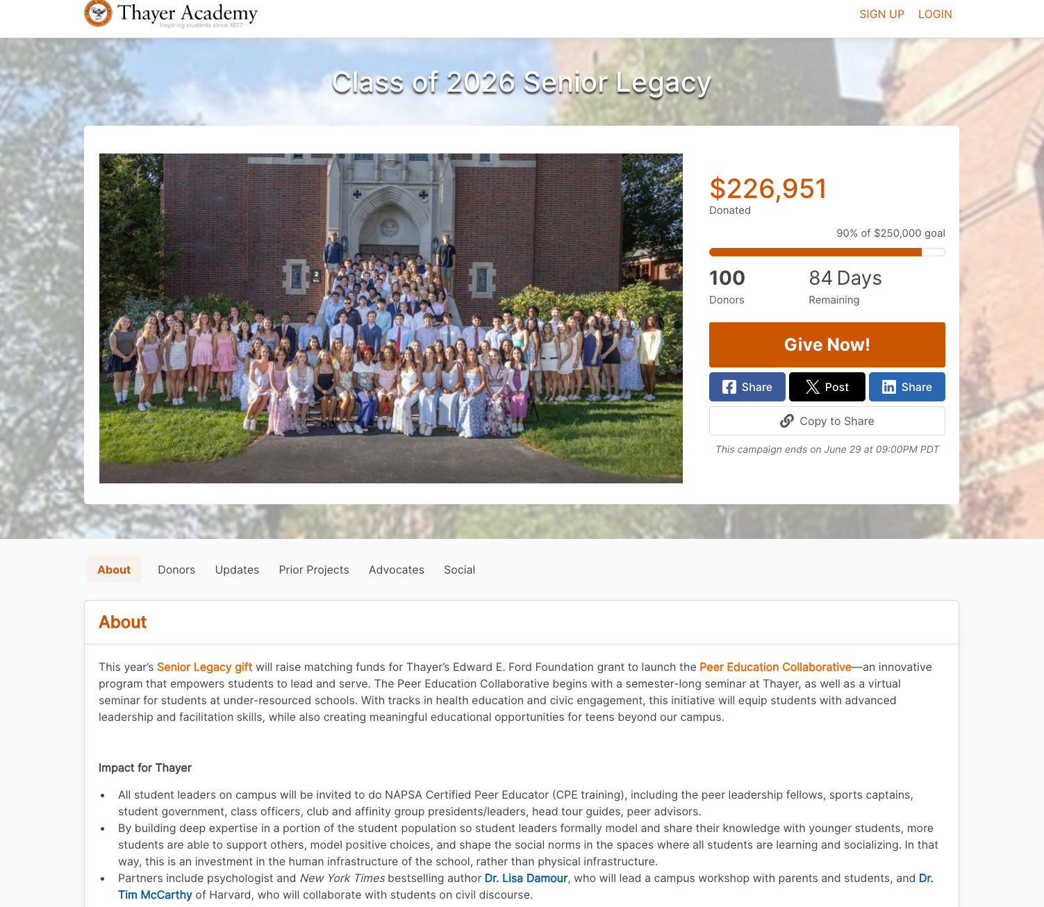 Thayer Academy Senior Class Gift Campaign