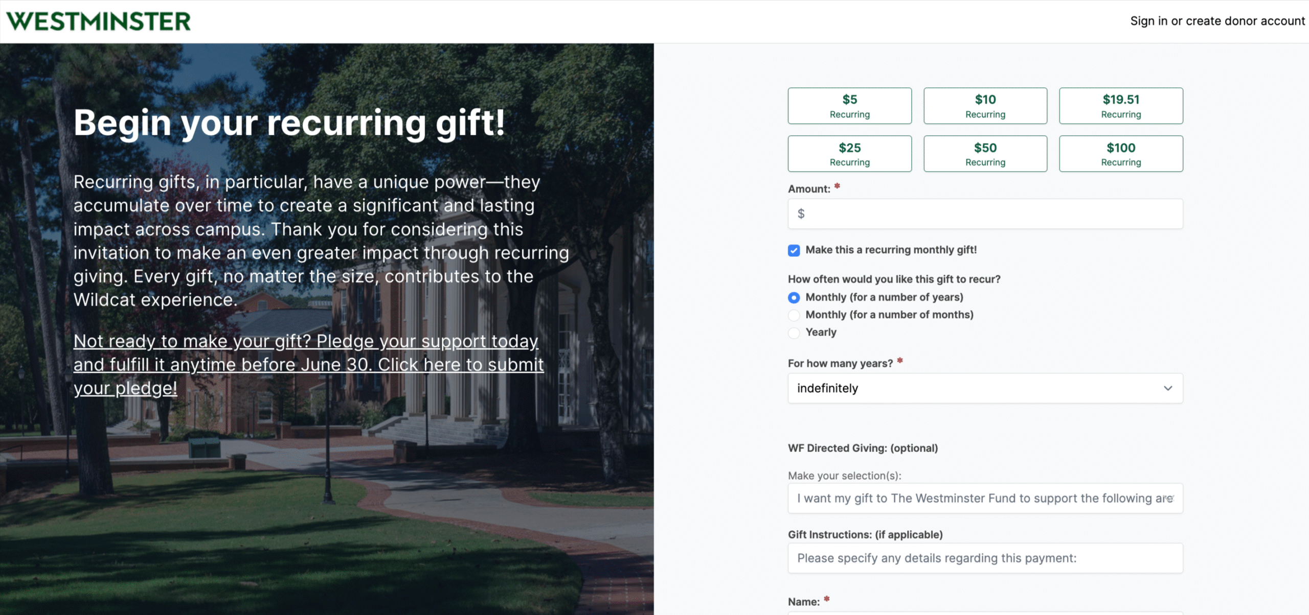 Westminster Schools Recurring Gift