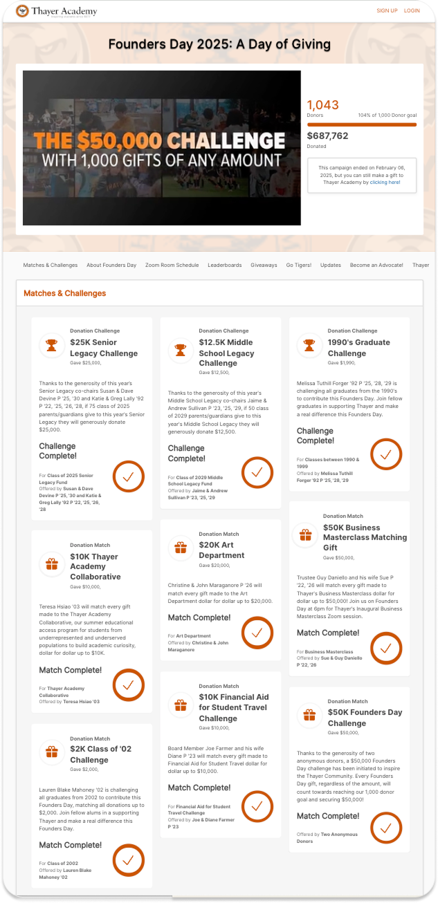 Thayer Academy's Founders Day campaign page showing matches and challenges.