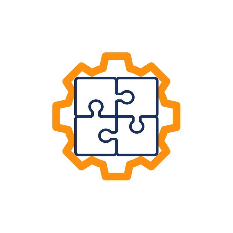 Outline of a gear with interlocking puzzle pieces inside (representing flexible integration pathways).