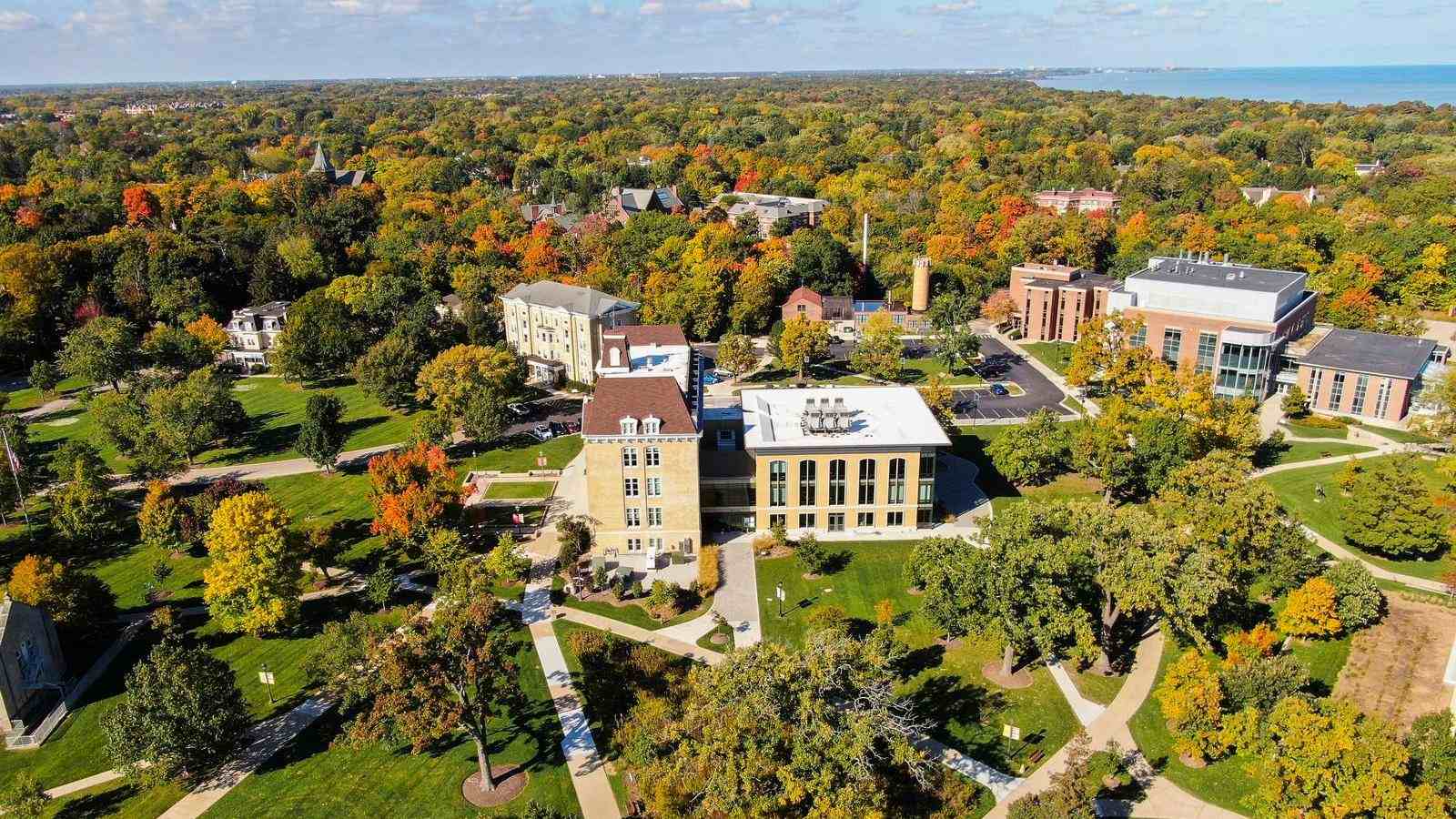 Aerial view of the Lake Forest College campus.