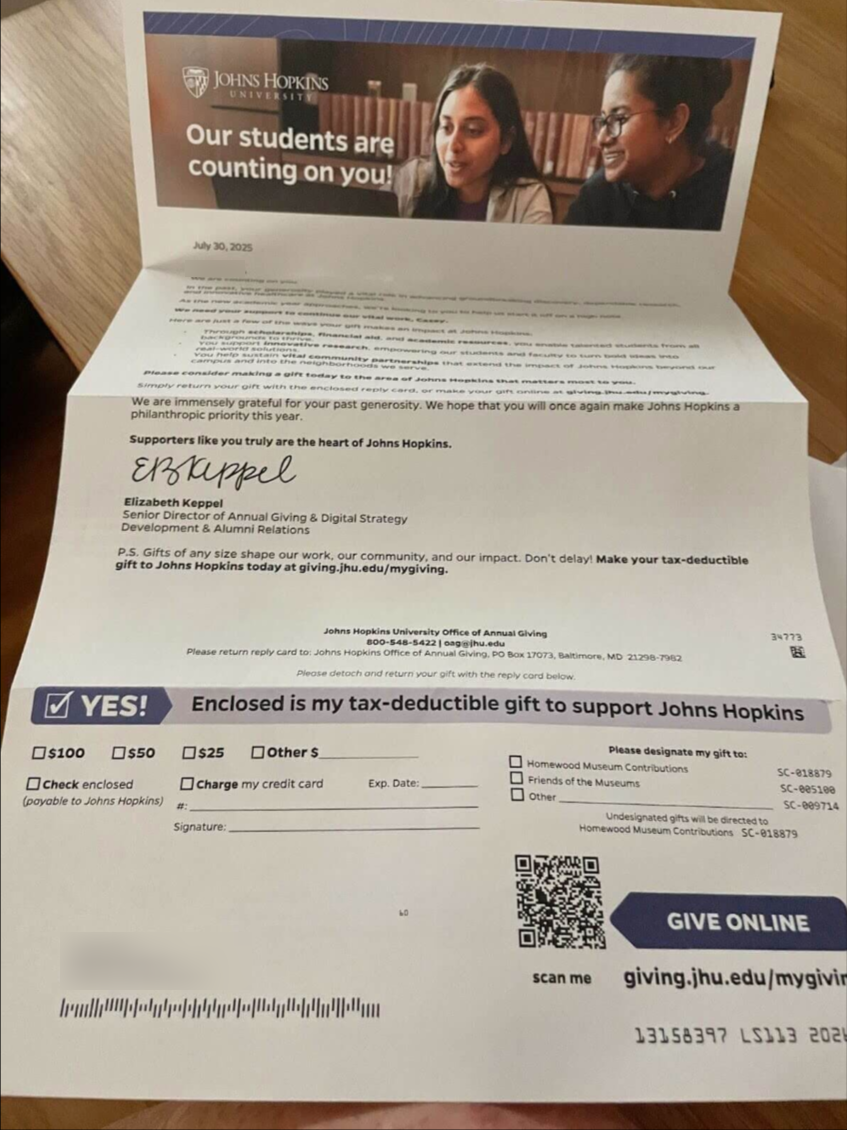 Direct Mail Piece from John Hopkins