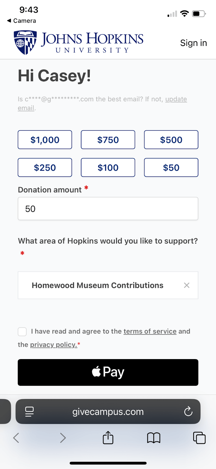 John Hopkins online giving form