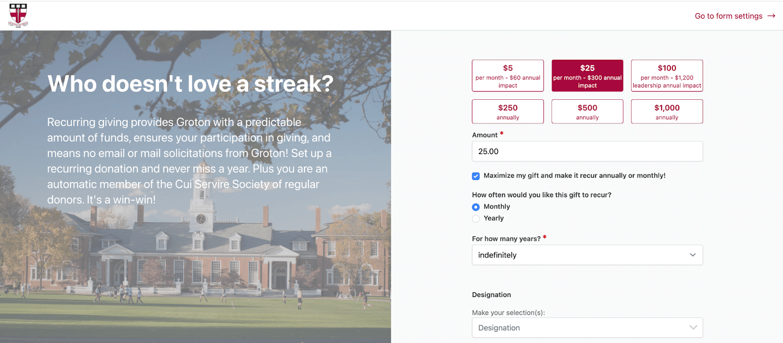 The Groton School's FYE giving form