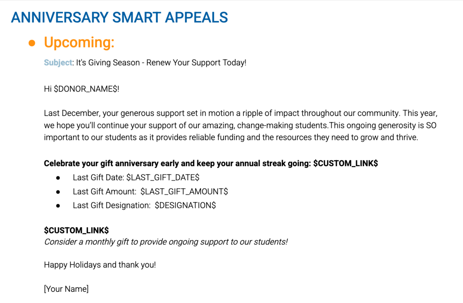 Example of an Anniversary Smart Appeal template personalized with merge fields and donor-specific details.