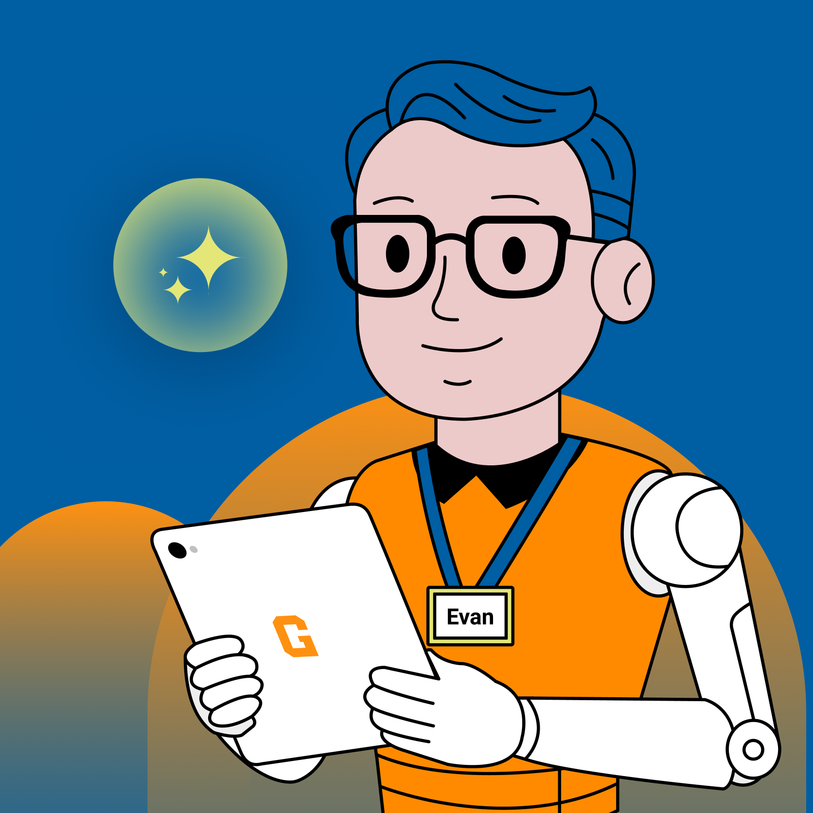 Illustration of AI Agent Events Evan wearing glasses and a name tag, and holding a tablet.