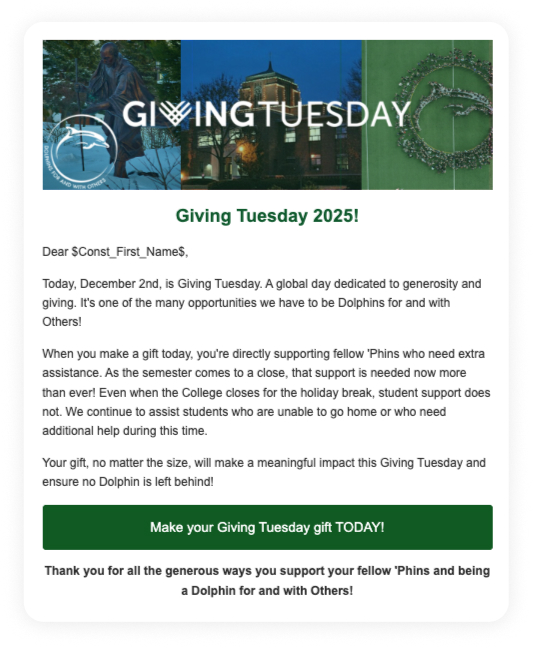 GivingTuesday email sent by Le Moyne College