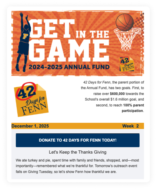 GivingTuesday email sent by the team at the Fenn School.