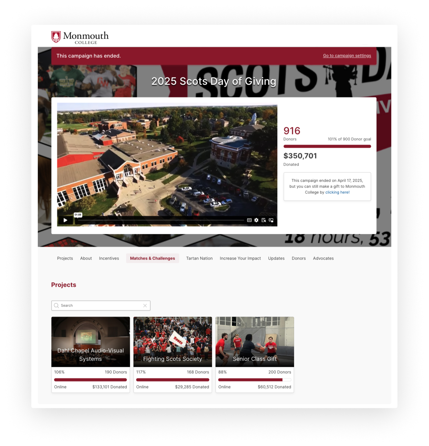 The Scots Day of Giving campaign page hosted on GiveCampus, featuring a hero video and spotlighting three key opportunities: the Dahl Chapel A/V upgrade, the Fighting Scots Society, and the Senior Class Gift.